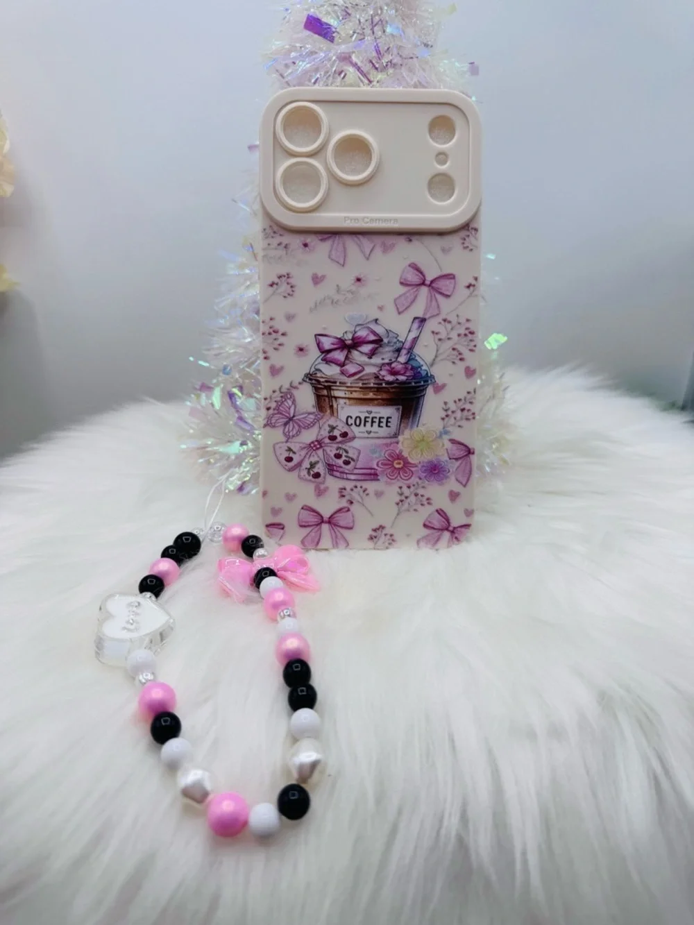 Cute Pink Bow Coffee iPhone 17 Pro Max Case + Beaded Charm  – Girly Aesthetic